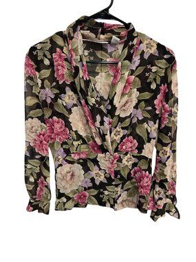 Dana Buchman Petite 4 Floral Silk Wrap Blouse Size 4 Wedding Guest Boho Romantic